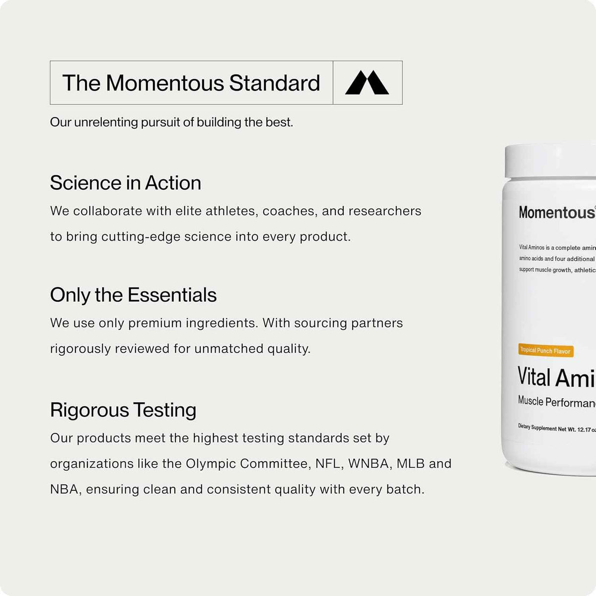 Momentous Vital Aminos Powder Supplement - BCAA & EAA - Tropical Punch - NSF Certified for Sport - GMO- & Gluten-Free - 30 Servings - Package May Vary