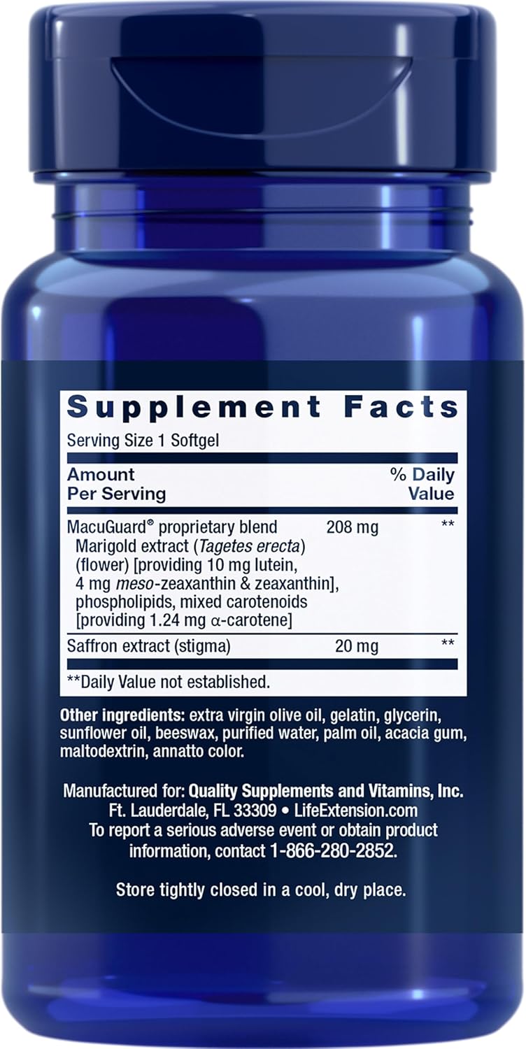 Life Extension MacuGuard Ocular Support with Saffron - Eye Health Supplement for Healthy Vision - with Lutein, Meso-zeaxanthin, zeaxanthin, Saffron - Gluten-Free, Non-GMO - 60 softgels - Eye Health Supplement for Healthy Vision with Lutein, Meso-Zeaxanthi