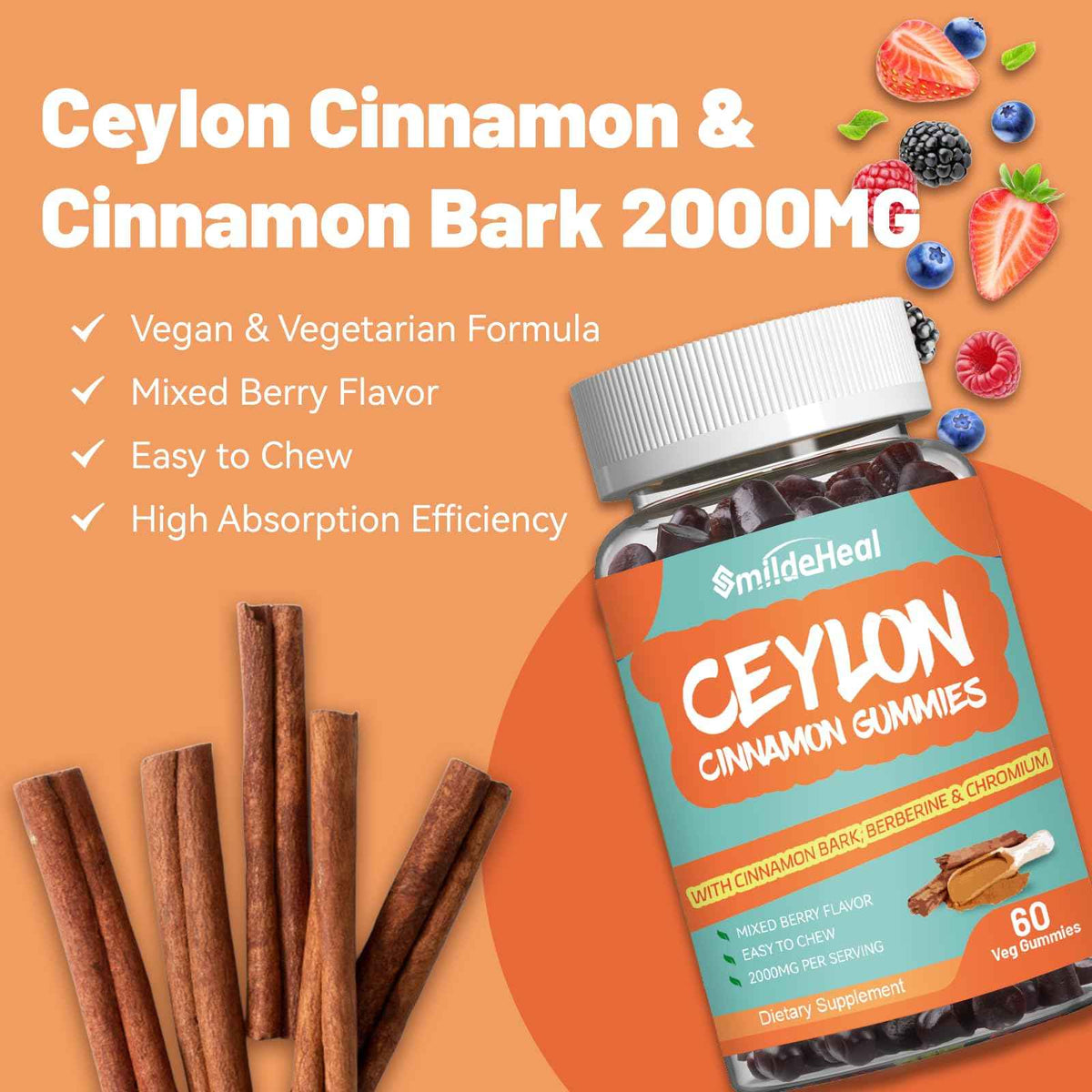 Sugar Free Ceylon Cinnamon Gummies 2000MG, Cinnamon Supplement with Chromium and Cinnamon Bark, Vegan, Non-GMO, Gluten Free, 60 Gummies