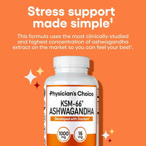 Physician's CHOICE KSM-66 Ashwagandha Root Extract 1,000mg, Organic, 60ct - Stress, Mood & Athletic Support, 5% Withanolides with Black Pepper Extract for Maximum Absorption, Vegan