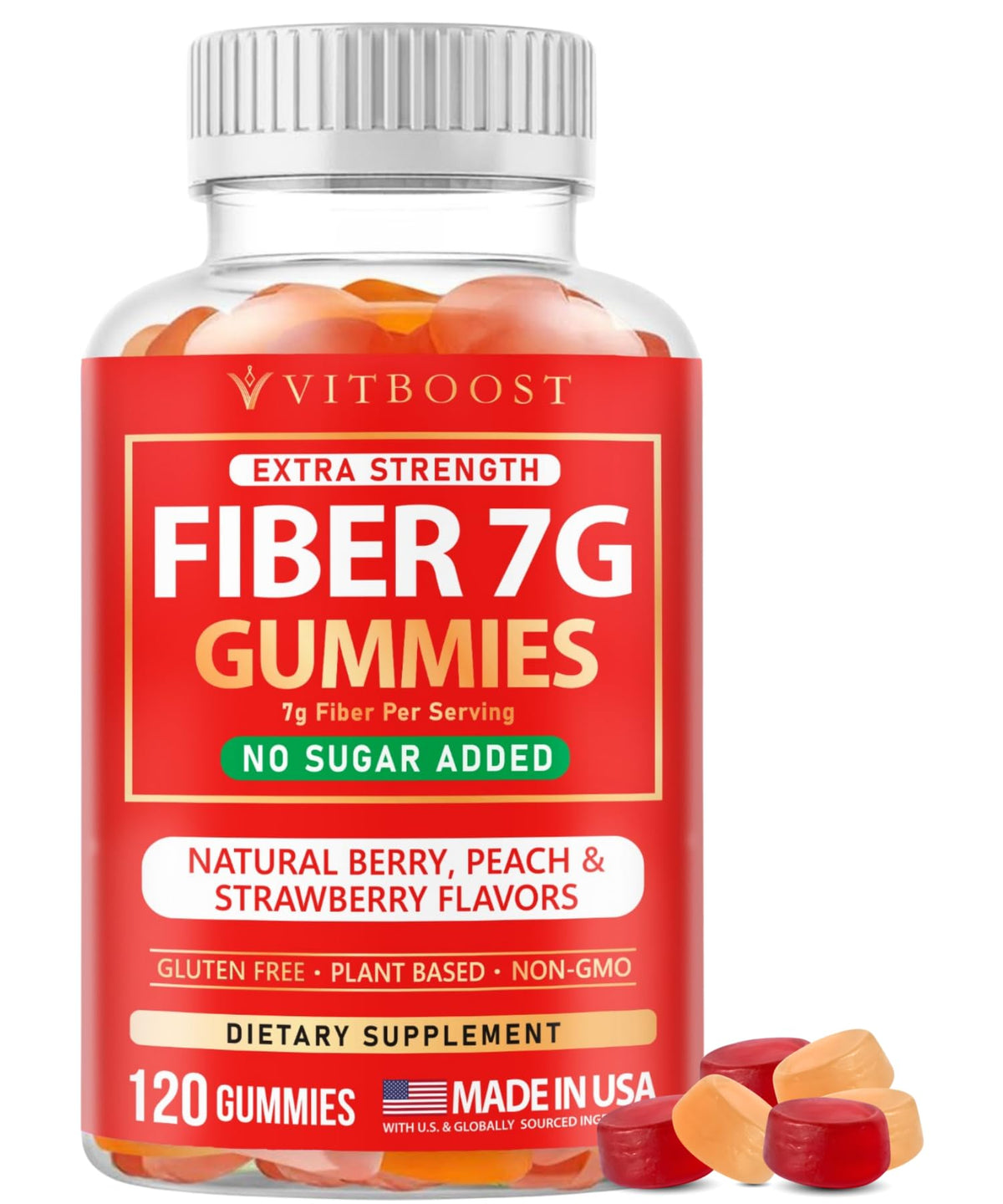 VITBOOST Prebiotic Fiber Gummies 7g – 120 Count – No Sugar Added, Vegan, Pectin-Based (No Gelatin), Non-GMO, Made in USA – Digestive & Gut Health Support
