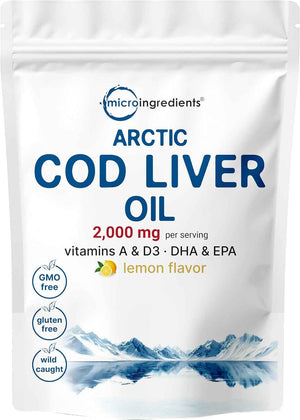 Cod Liver Oil 2,000mg Per Serving, 360 Softgels - Burpless Lemon Flavored - Rich in Omega 3, Vitamins A & D3, EPA, DHA - Wild Caught Arctic Deep Sea Fish - Heart, Brain, & Immune Supplement
