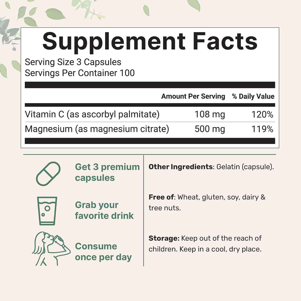 Pure Magnesium Citrate Supplements 500mg, 300 Capsules - Fat-Soluble Vitamin C Added - 100% Chelated - Only Active Ingredients