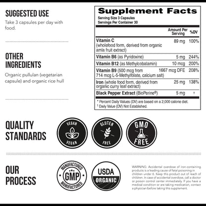 Organic Iron Supplement - Whole Food Mineral & Cofactors, 25 mg Elemental - Enhanced Absorption Plus Blood Health Vitamins - Gentle Form - Supports Healthy Levels & Blood Health - 90 Capsules