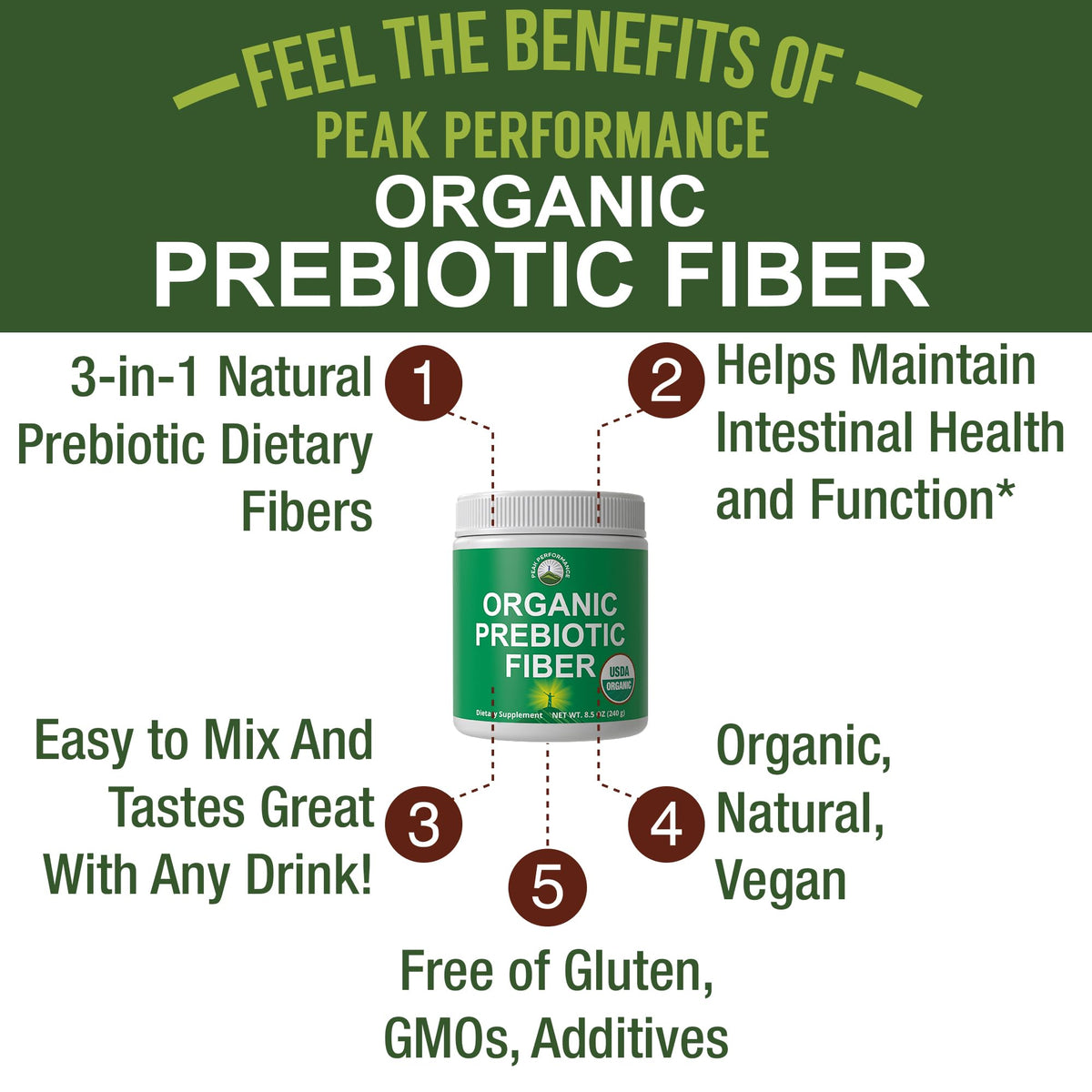 USDA Organic Prebiotic Fiber 3-in-1 Vegan Powder for Gut Health - Raw Whole Food Plant Based Prebiotics Digestive Supplement with Inulin (Jerusalem Artichoke), Acacia Fibers, SunFiber 240g