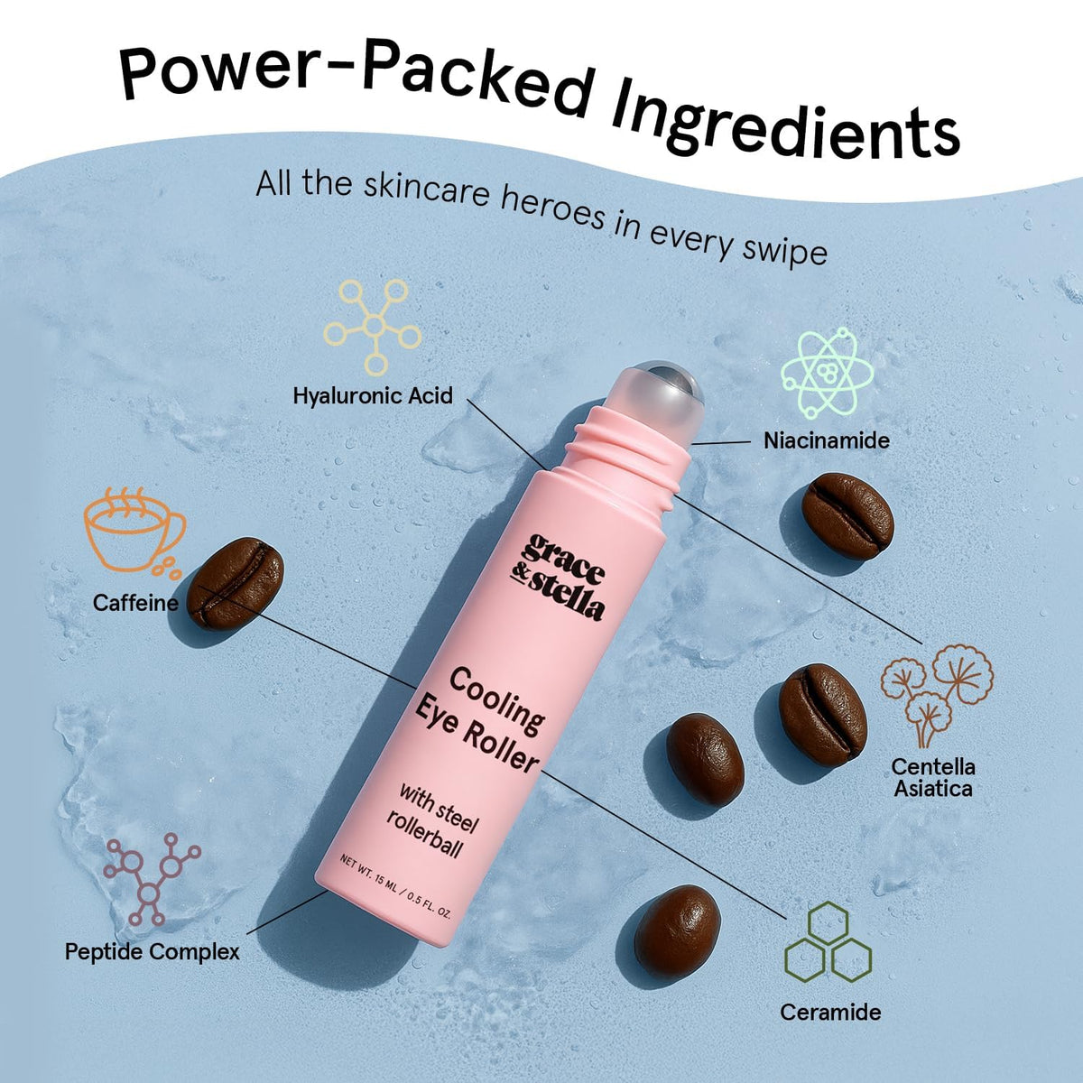 Grace & Stella Under Eye Brightener - 15ml (0.51oz) - Cooling Caffeine & Ceramide Eye Serum with Metal Rollerball
