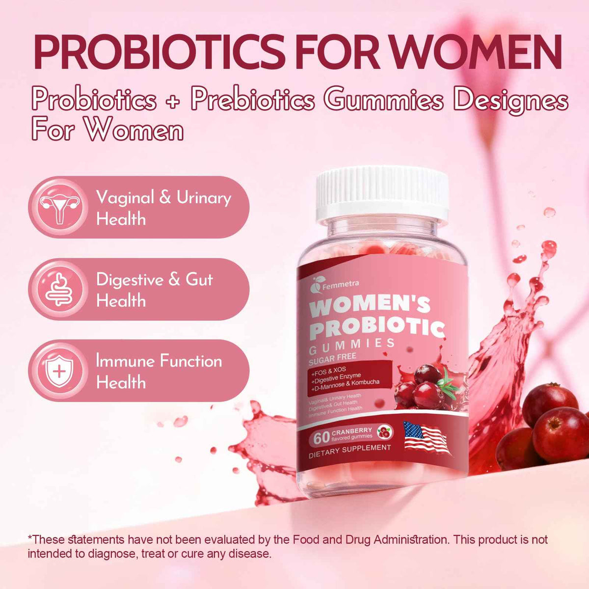 Femmetra 18-in-1 Probiotics for Women with Prebiotics - 200 Billion CFU with Digestive Enzyme, Cranberry, Kombucha - Sugar-Free Vaginal Gummies