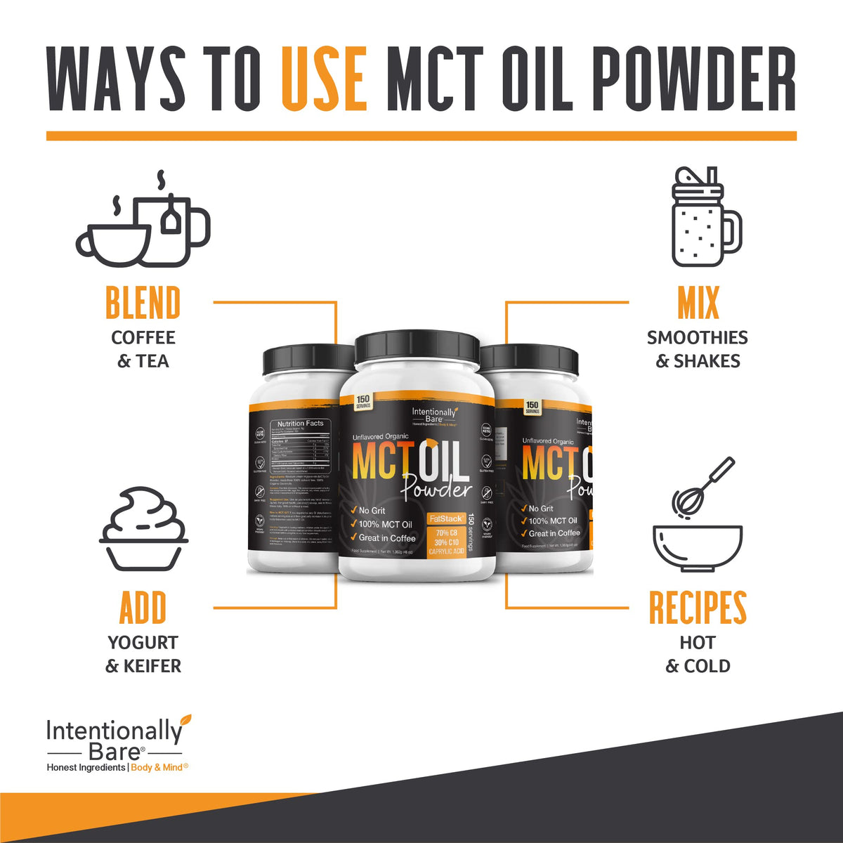 Intentionally Bare MCT Oil Powder - Unflavored – Zero net Carbs 48oz