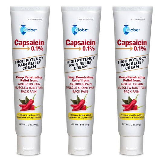 Globe (3 Pack) Capsaicin 0.1% High Potency Pain Relief Cream, Unscented (2 oz) Deep Penetrating Relief from: Arthritis, Muscle, Joint and Back Pain