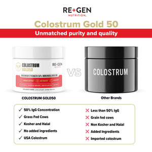 Re+Gen Nutrition Colostrum Gold 50 Bovine Colostrum Powder for Gut Health, Immune Support & Muscle Recovery – 50% IgG Concentration, Grass Fed, Gluten Free, No Artificial Ingredients Re+Gen NutritionBuy Supplements Australia
