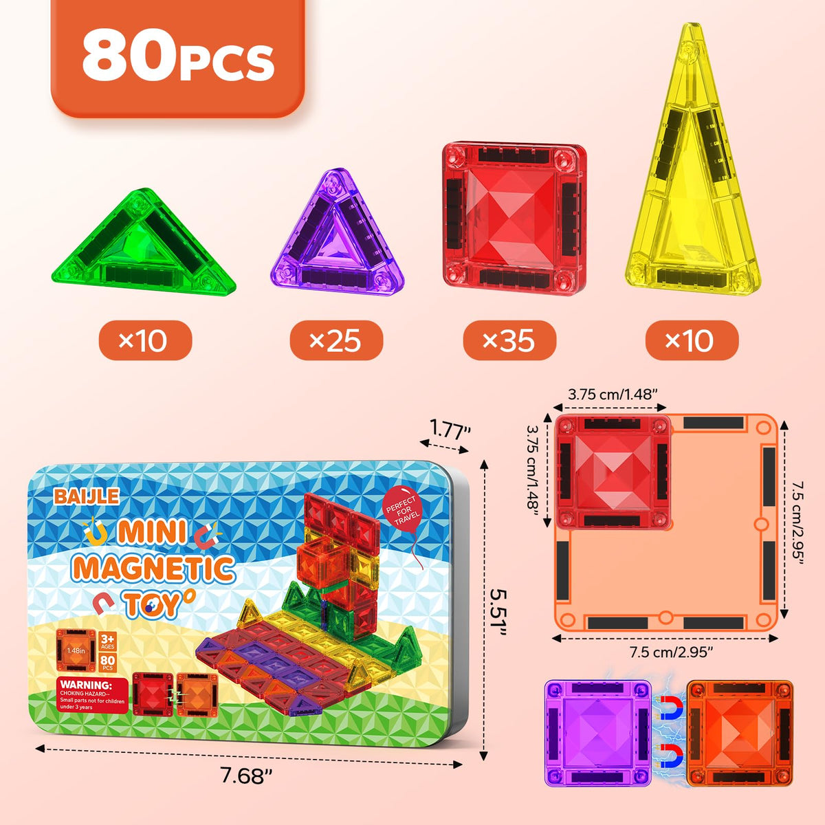 80PCS Mini Magnetic Tiles, Diamond Pattern Travel Magnetic Tiles Building Set with Case, Construction Toys for Kids 4-8 Portable Classroom Educational Learning Toddler Toys for Boys Girls Gift Ages 3+