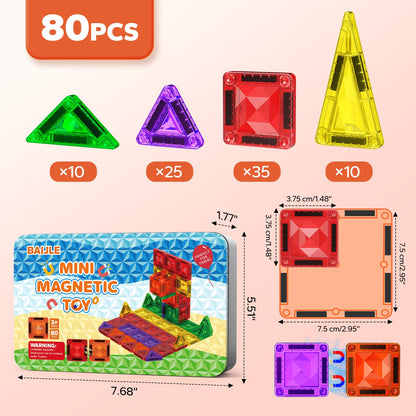 80PCS Mini Magnetic Tiles, Diamond Pattern Travel Magnetic Tiles Building Set with Case, Construction Toys for Kids 4-8 Portable Classroom Educational Learning Toddler Toys for Boys Girls Gift Ages 3+