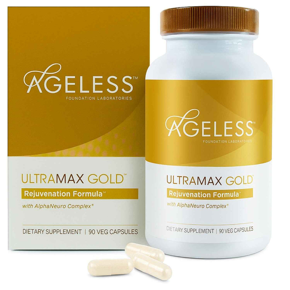Ageless Anti-Aging & Brain Health - UltraMAX Gold HGH Capsules + Nootropic Brain Supplement for Memory, Focus, Immune Support & Restful Sleep - 90 + 60 Capsules