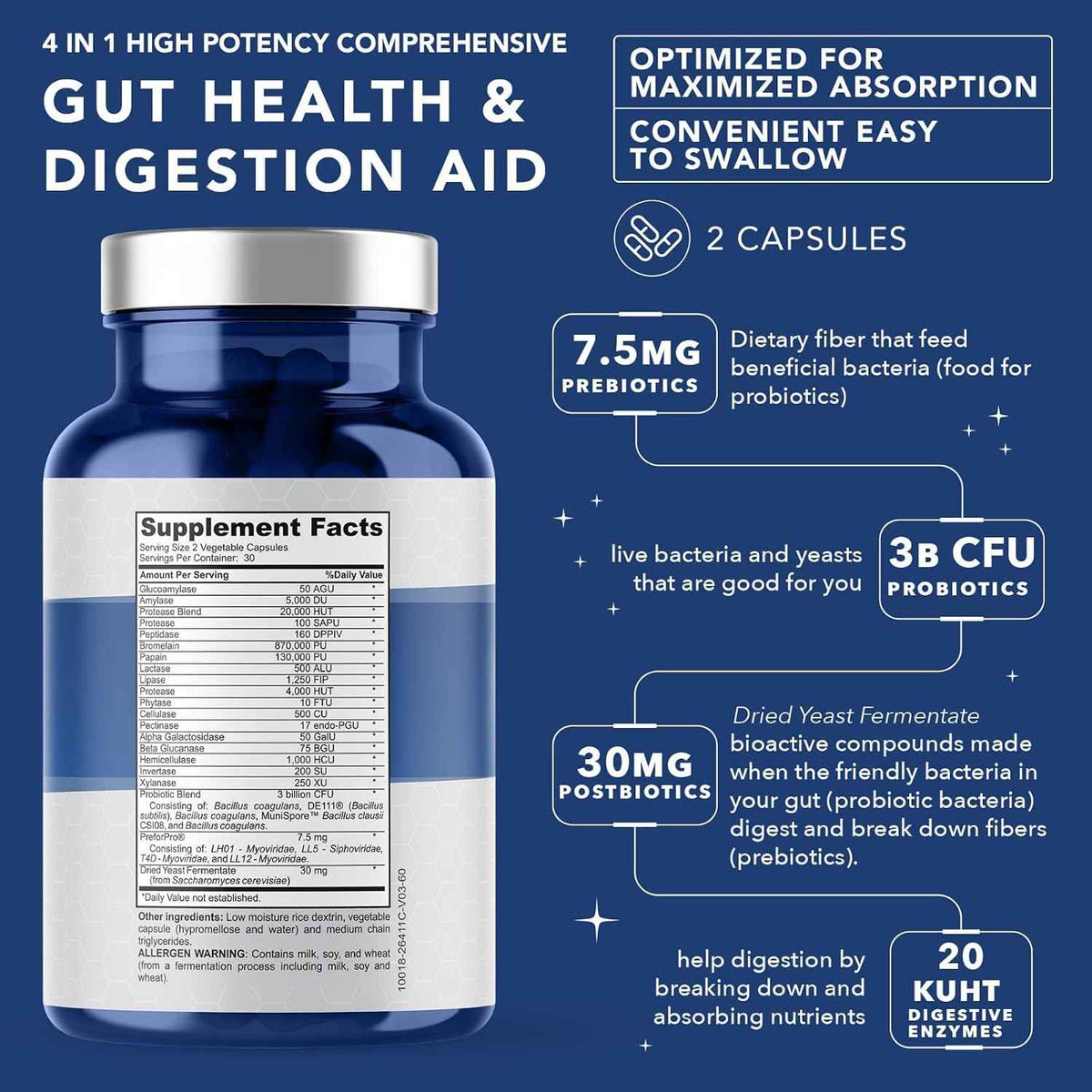 4-in-1 Gut Health Support - Prebiotics + Probiotics + Postbiotics + Digestive Enzymes for Women and Men - DE111 Spore Probiotic for Digestive Support & Bloating - Non-GMO - 60 Veggie Capsules