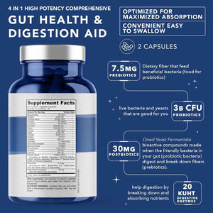 4-in-1 Gut Health Support - Prebiotics + Probiotics + Postbiotics + Digestive Enzymes for Women and Men - DE111 Spore Probiotic for Digestive Support & Bloating - Non-GMO - 60 Veggie Capsules