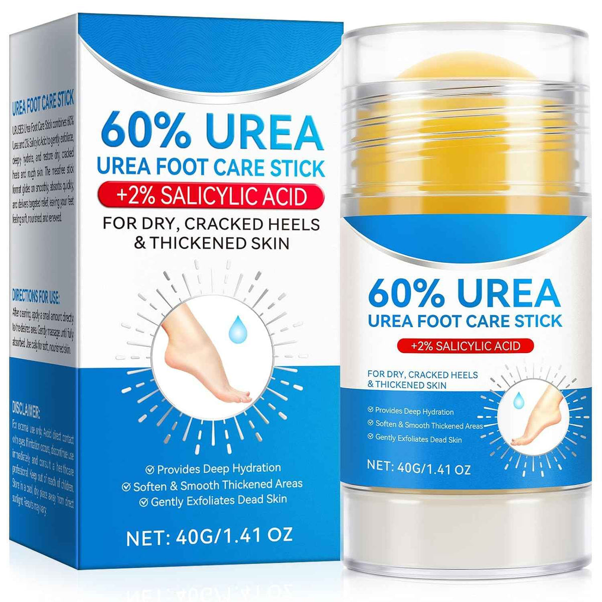 Urea Foot Cream Stick, 60% Urea Cream with 2% Salicylic Acid Foot Care Stick Moisturizer for Dry Cracked Heels, Knees, Hands, Moisturizes & Hydrates Dry Skin, Callus Remover & Skin Softener 1.41 oz