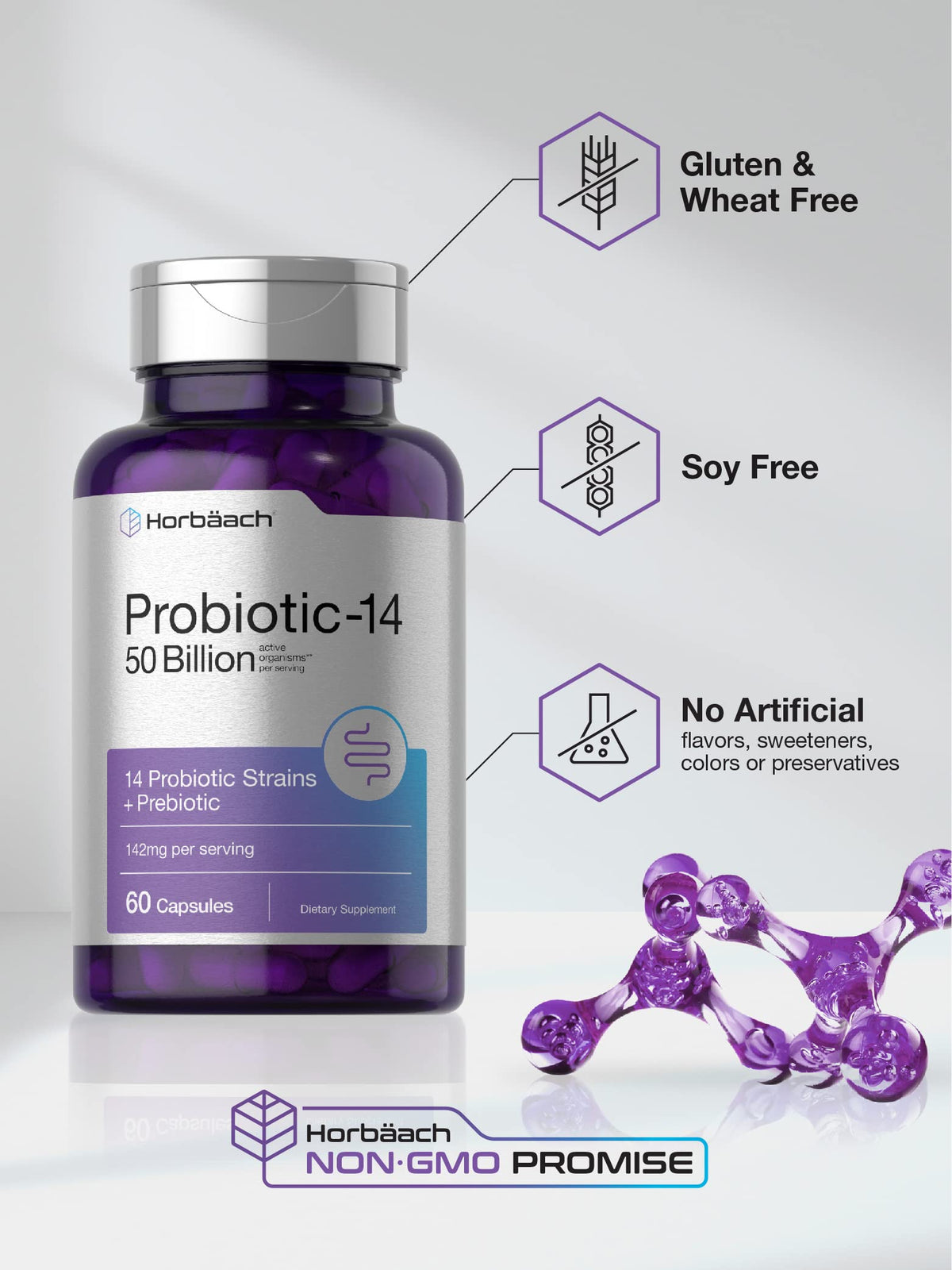 Horbäach Probiotics with Prebiotics | 60 Capsules | 50 Billion Active Organisms | Non-GMO
