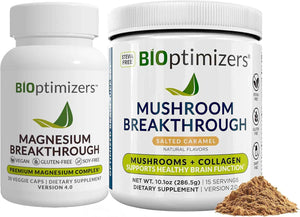 BiOptimizers Magnesium Breakthrough 4.0, (30 Capsules) & Mushroom Breakthrough Powder (Salted Caramel, 15 Servings) - Natural Sleep and Brain Superfood & Supplement Bundle