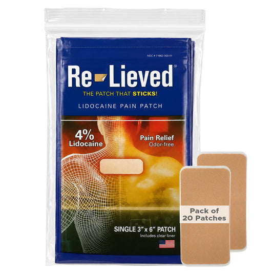 Re-Lieved 4% Lidocaine Pain Relief Patches Maximum Strength, 20 Count, Up To 12 Hours Pain Relief - Superior Adhesive, Water-Resistant & Aluminum-Free, 3x6 Inch for Back, Muscle & Joint Pain - US Made