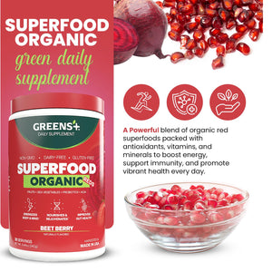 Greens+ Organic Reds Superfood Powder, Antioxidant, Polyphenol, Blend for Morning Kick, Energy, Vitality Boost, Nutrition, Vibrant Health, Vegan Soy/Dairy/Gluten Free(8.46oz) Greens+Buy Supplements Australia