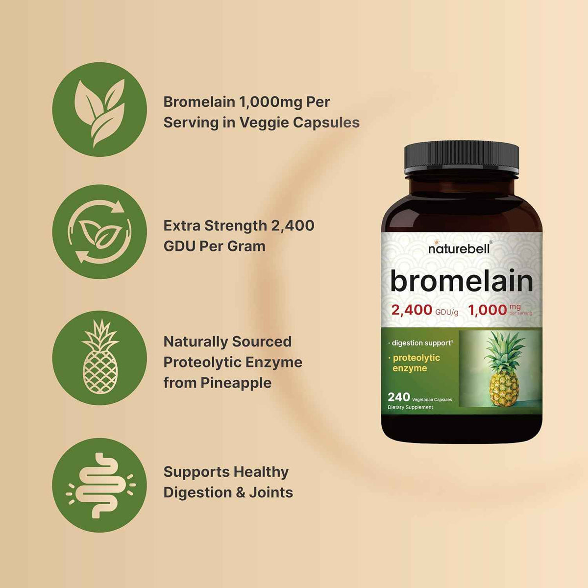 NatureBell Bromelain, 1,000mg Per Serving, 240 Veggie Capsules - 2,400 GDU - Digestive Enzymes & Joint Support Supplement - Proteolytic Enzymes for Digestion, Fresh Pineapple Source - Non-GMO