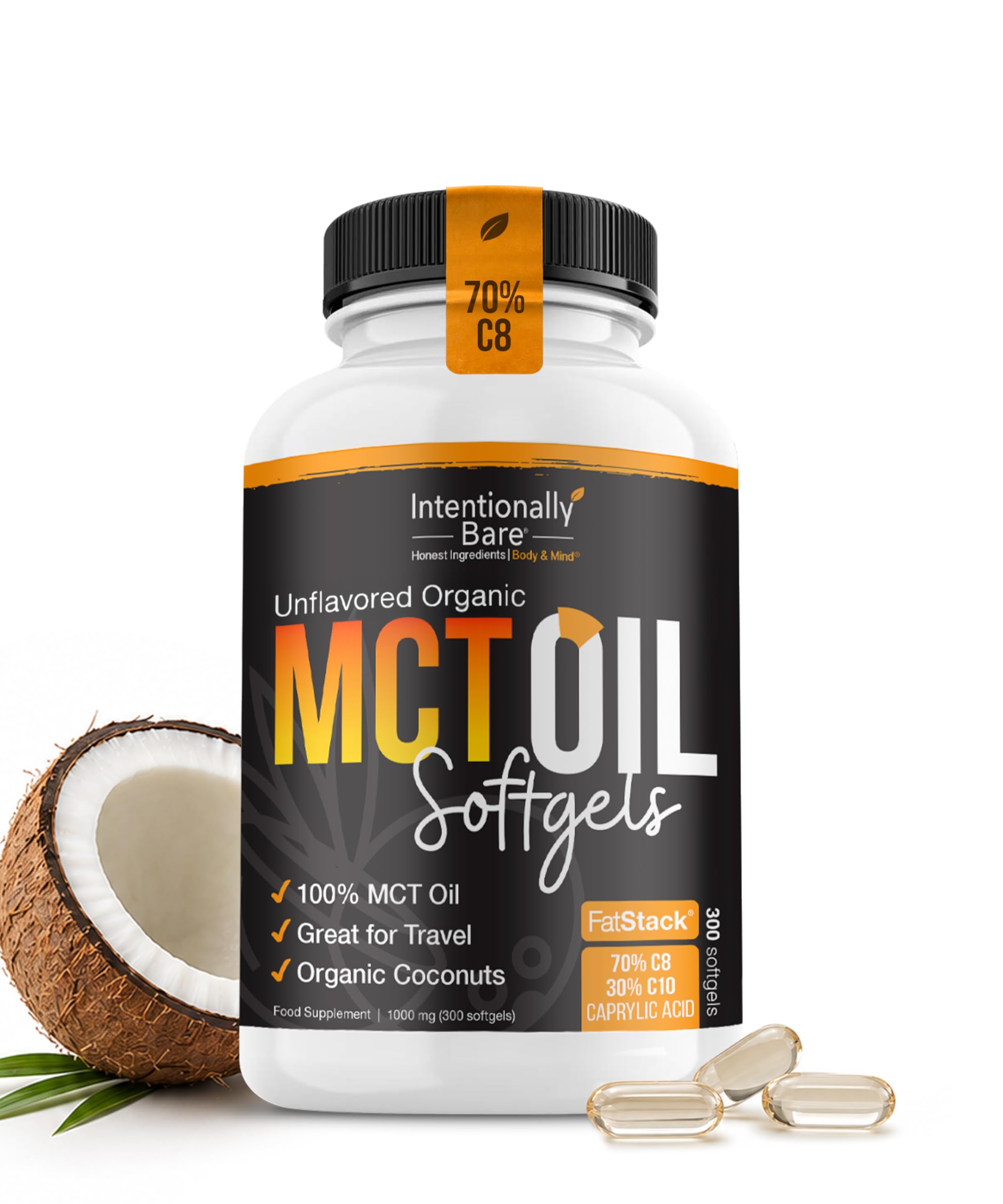 Intentionally Bare Organic MCT Oil Capsules - C8 & C10 Soft gels- 300 ct