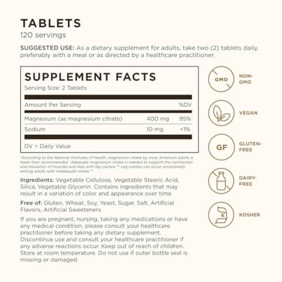 Solgar Magnesium Citrate, 120 Tablets - Promotes Healthy Bones - Supports Nerve & Muscle Function - Non GMO, Vegan, Gluten Free, Dairy Free, Kosher - 60 Servings, Standard Packaging