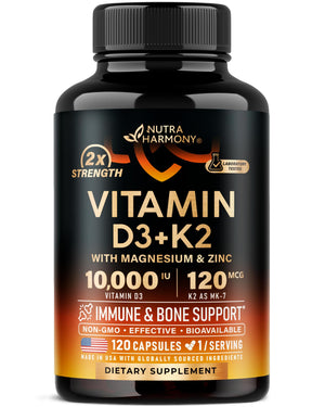 Vitamin D3 K2 - Vitamin D3 10000 iu & K2 as MK-7 120 mcg - Immune & Mood Support, for Bone & Teeth Health - with Magnesium, Zinc & Vitamin C & B12 - Highly Bioavailable - Made in USA, 120 Capsules NUTRAHARMONY buy supplements Au