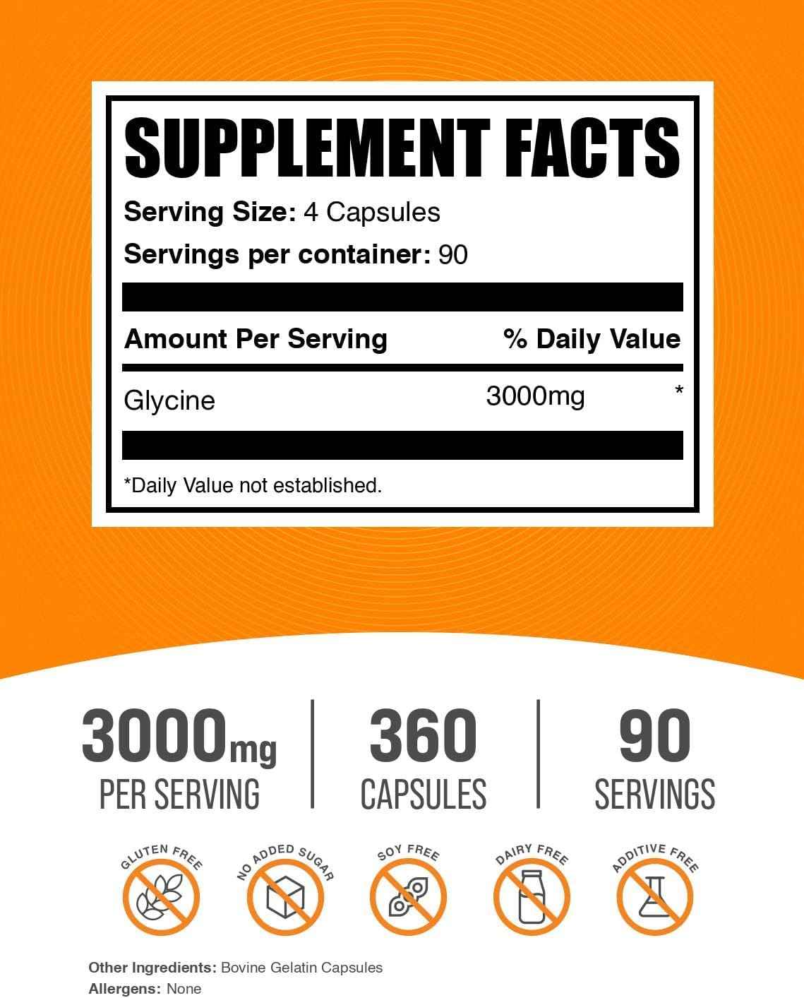 BulkSupplements.com Glycine Capsules - Amino Acid Supplement, 3000mg - Gluten Free, 4 Capsules per Serving, 360 Count (Pack of 1)