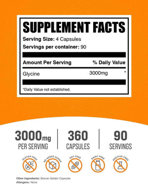 BulkSupplements.com Glycine Capsules - Amino Acid Supplement, 3000mg - Gluten Free, 4 Capsules per Serving, 360 Count (Pack of 1)
