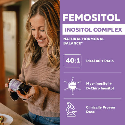 Femositol Myo-Inositol & D-Chiro Inositol Complex Supplement - Clinically Validated 40:1 Ratio (Vitamin B8) - Hormonal Balance & Healthy Ovarian Function Support (90 Capsules - 30 Servings)