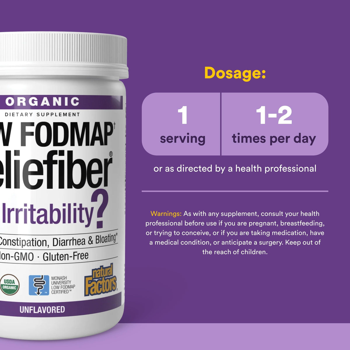 Natural Factors Organic Low FODMAP Reliefiber Powder - Digestive Health Support Supplement with Dietary & Soluble Fiber - Gut Health Support Aids Mild Bloating - Unflavored, 5.3 oz (30 Servings)