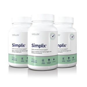Three bottles of Simplix supplements from Wellex on a white background