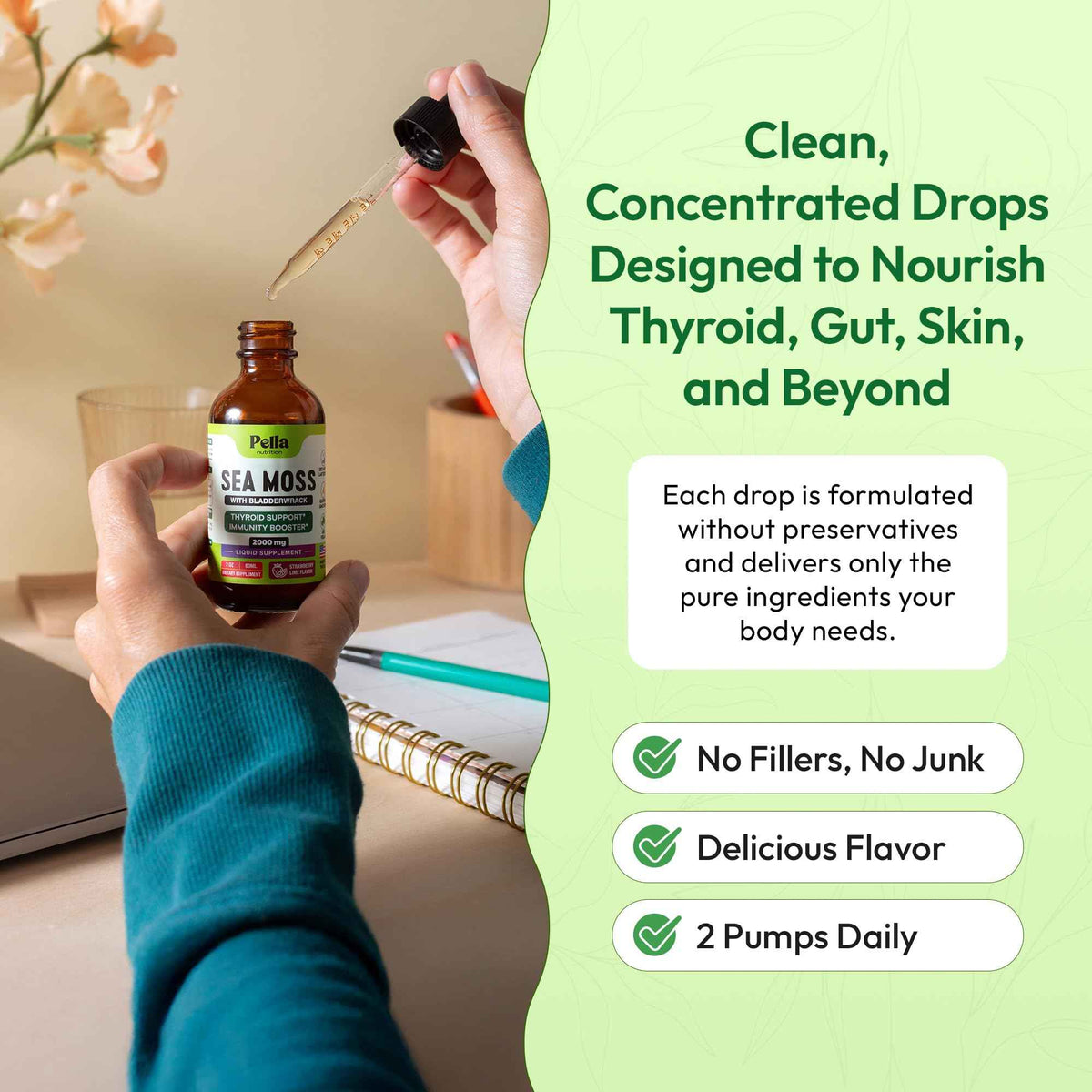 Pella Nutrition Sea Moss Drops with Bladderwrack - 4X Faster Absorption Than Irish Sea Moss Gel Superfood, Gummies, and Capsules - Digestive & Immune Support Supplement (Strawberry Lime, 60mL)