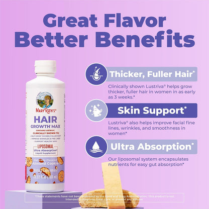 MaryRuth's Hair Growth Max Liposomal for Women - Lustriva + Biotin 10000mcg + Pumpkin Seed Oil - Thicker Hair - Hair Care - Wrinkles, Fine Lines, Skin Care - Ages 18+ - CLP Certified - 15.22 Fl Oz