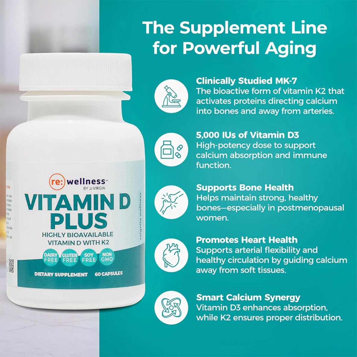 Reignite Wellness by JJ Virgin - Vitamin D Plus - Relevant Serving of 5000 IU, Highly Absorbable Vitamin D + Vitamin K1 & K2 - GG Supplement for Immune Health - Bone and Heart Supplement - 60 Softgels