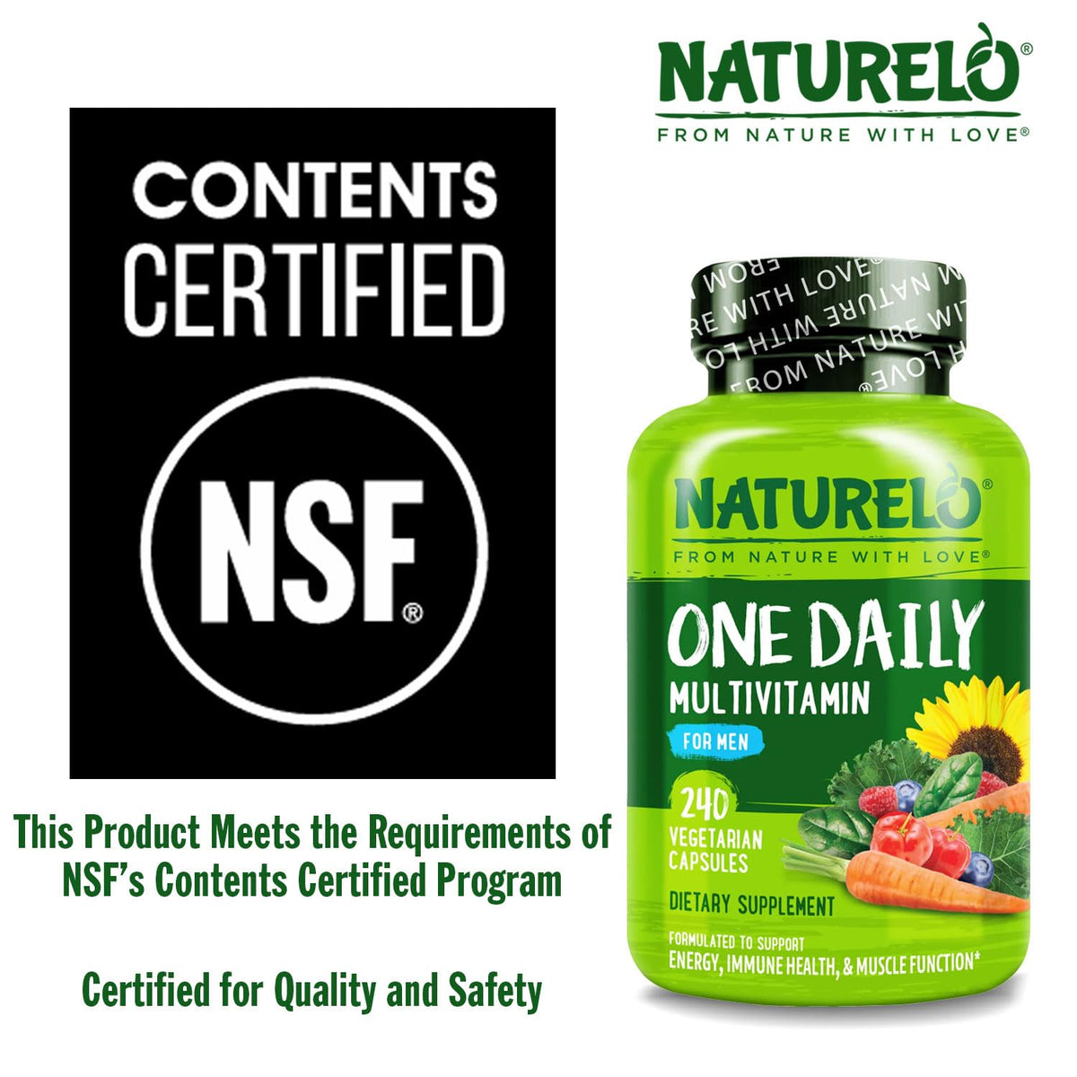 NATURELO Mens Multivitamins - One Daily Multivitamin for Men with Vitamins, Minerals & Organic Whole Foods, Boost Energy & Health, Non-GMO, 240 Vegetarian Capsules