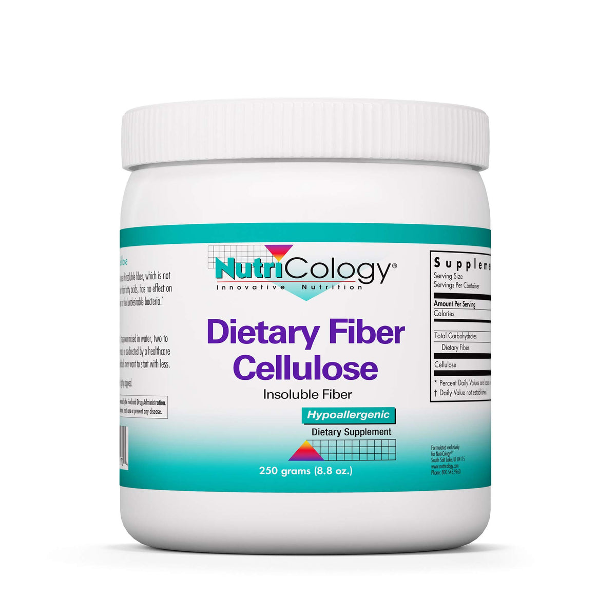 Nutricology Dietary Fiber Cellulose Powder - 250 g Insoluble Non-Fermentable Fiber - Microcrystalline Cellulose Supplement - Digestion & Bowel Motility Support - 125 Servings - 250 g
