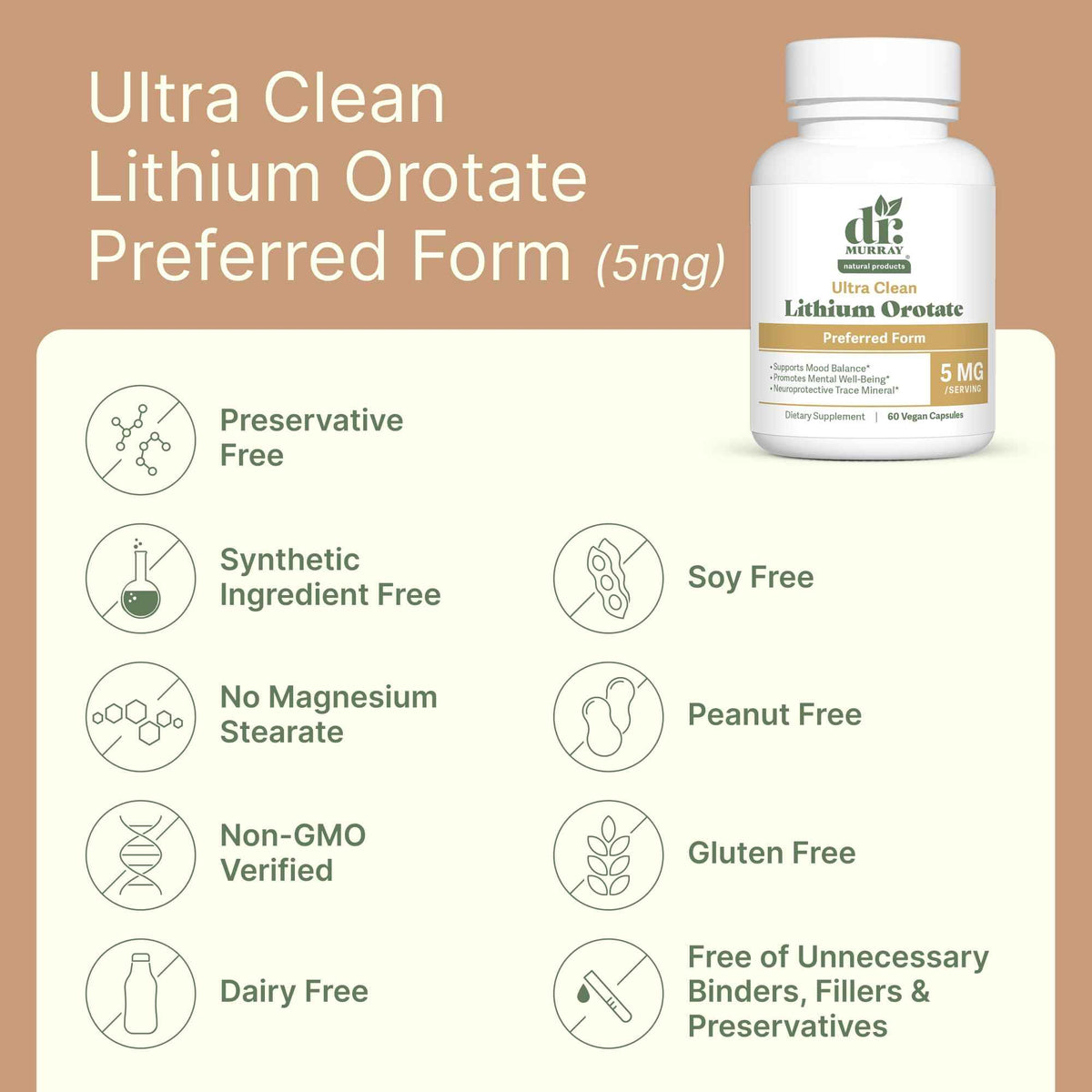 Dr. Murray's Ultra Clean Lithium Orotate 1mg Vegan Capsules - Supports Mood Balance - Cognitive Resilience - Nervous System Health - Emotional Well-Being - 90 Count