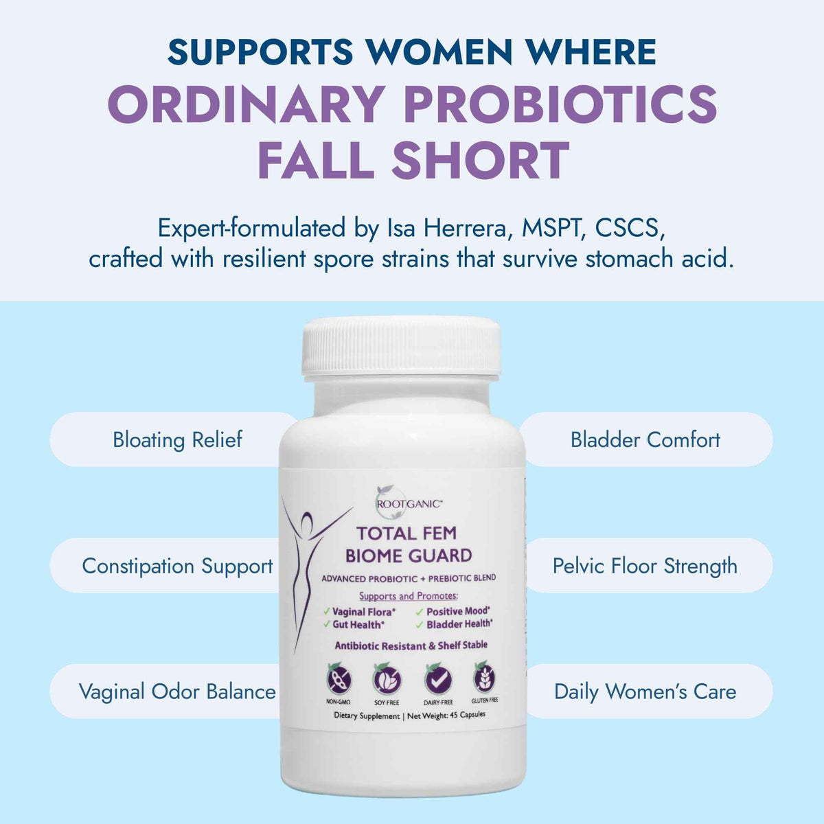 Rootganic Total Fem Biome Guard Pre+Probiotics for Women - Spore-Based Women's Probiotic with Prebiotics for Superior Vaginal Health Supplement and Gut Support - 45 Servings
