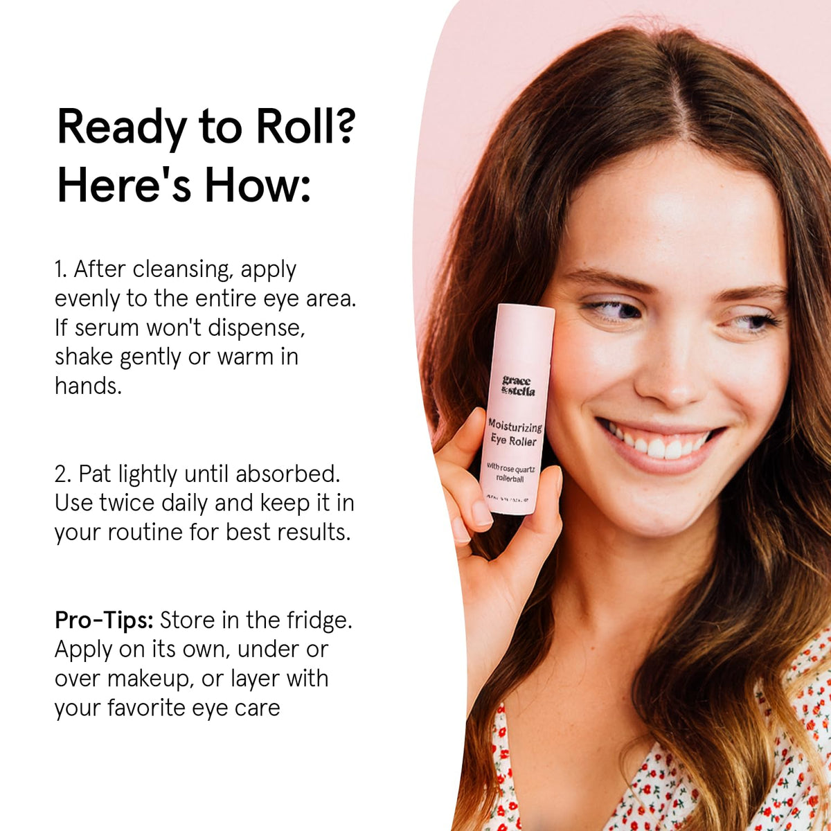 Grace & Stella Under Eye Brightener - 15ml (0.51oz) - Rose Quartz Rollerball Eye Serum with Hyaluronic Acid & Caffeine
