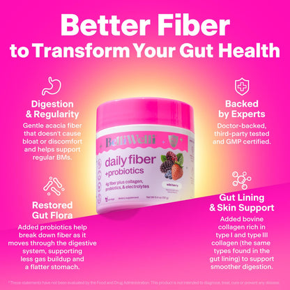 Belli Welli Fiber Supplement for Women & Men – Premium Daily Fiber Powder from Organic Acacia with Added Collagen, Electrolytes & Probiotics – No Bloat, Constipation & Gut Health Support (Wild Berry)