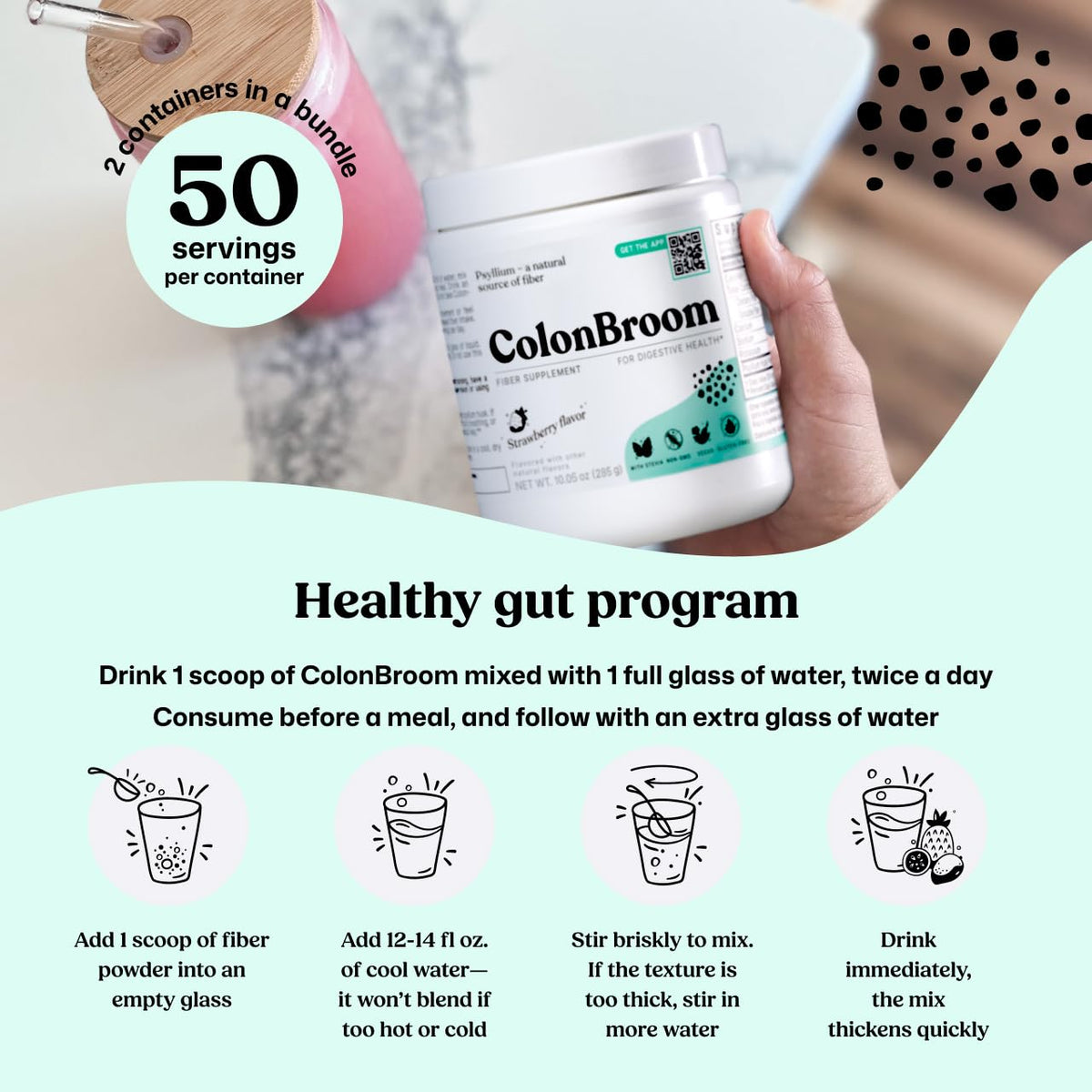 ColonBroom Psyllium Husk Powder - Colon Cleanse for Bloating Relief & Gut Health - Fiber Powder Drink - Easy to Mix - Vegan, Gluten Free, Non-GMO - Strawberry (100 Servings)