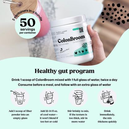 ColonBroom Psyllium Husk Powder - Colon Cleanse for Bloating Relief & Gut Health - Fiber Powder Drink - Easy to Mix - Vegan, Gluten Free, Non-GMO - Strawberry (100 Servings)