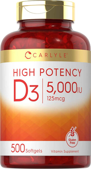 Carlyle Vitamin D3 5000 IU Softgels - 500 Count - Value Size - Non-GMO and Gluten Free Supplement - High Potency Formula - 125mcg
