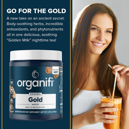Organifi: Gold - Superfood Supplement Powder - 30 Servings - Stress Support, Better Rest, Relaxation and Promotes Restful Sleep - Turmeric and Reishi Infused