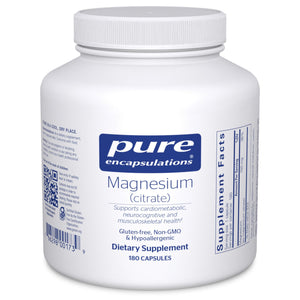 Supplement bottle labeled 'pure encapsulations' with magnesium citrate on a white background