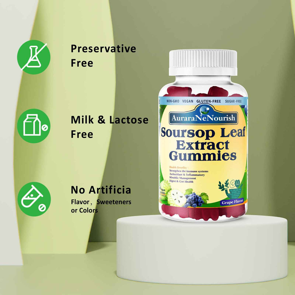 AuraraNeNourish Sugar Free Soursop Gummies with Probiotics & Fiber 100 Billion CFUs, Organic Soursop Leave Extract with Vitamin C B-Complex for Digestive Gut Health, Energy Balance, Immune Boost