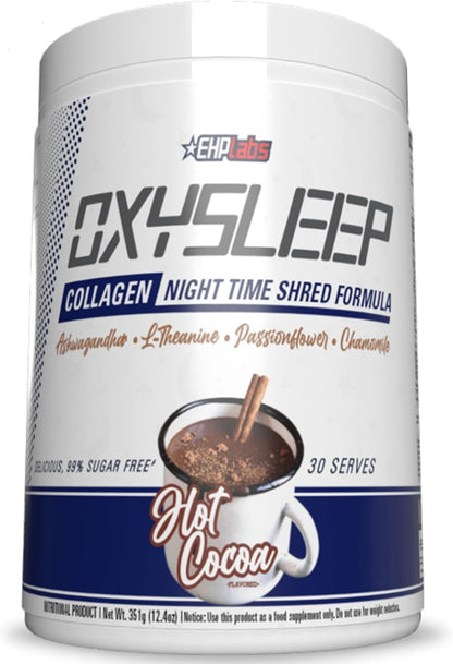 EHP Labs OxySleep Collagen Peptides Powder Night Time Shred - Promotes Deep Sleep & Shredding, Skin, Bones & Muscle Support, Pasture-Raised Bovine Collagen, Type I & III, 30 Servings (Hot Cocoa)