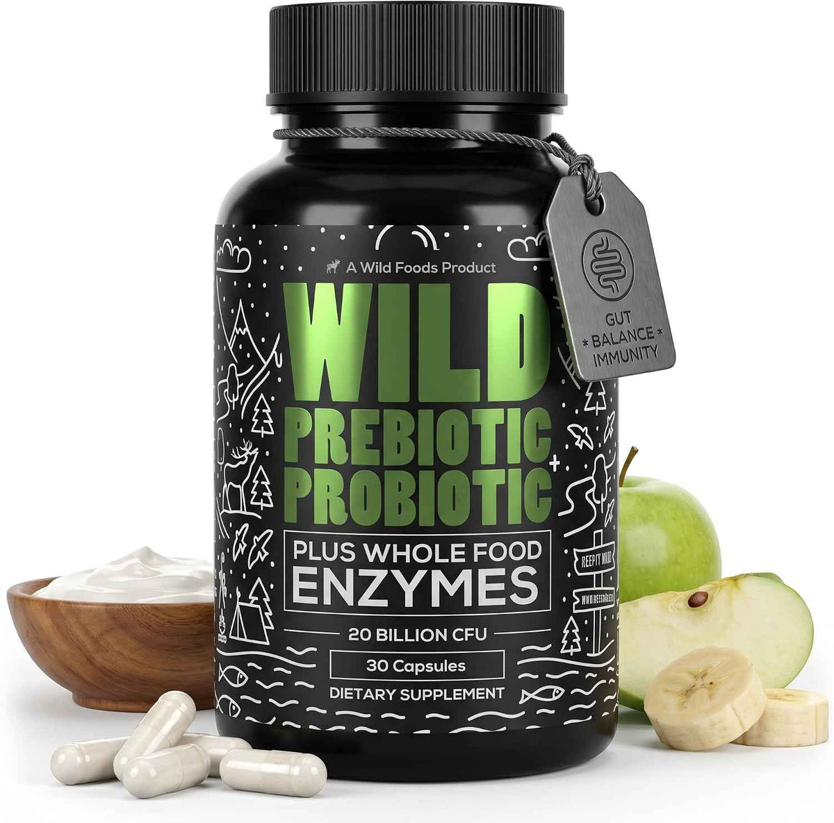 Wild Prebiotics and Probiotics with Digestive Enzymes - 20 Billion CFU - 10 Strains for Women & Men - Support Gut Health & Digestion Supplements - Non-GMO Prebiotic Fiber - 30 Count (Pack of 2)